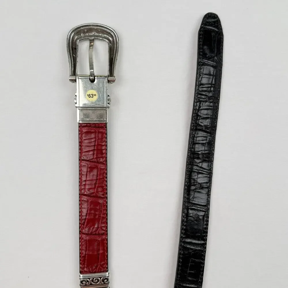 Brighton Reversible Leather Belt Red Black Croc M 30 Western Silver Tone Buckle